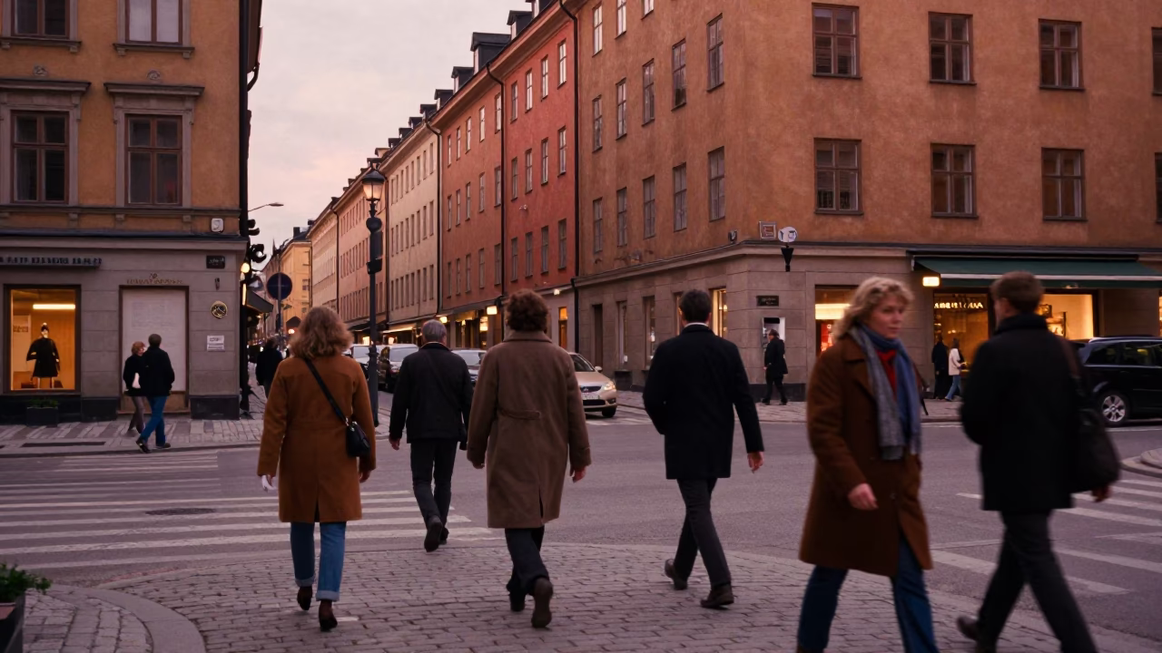 Vintage 1980s Stockholm Street Scene with Copper Dusk Light and String Lights in in Stockholm, Sweden