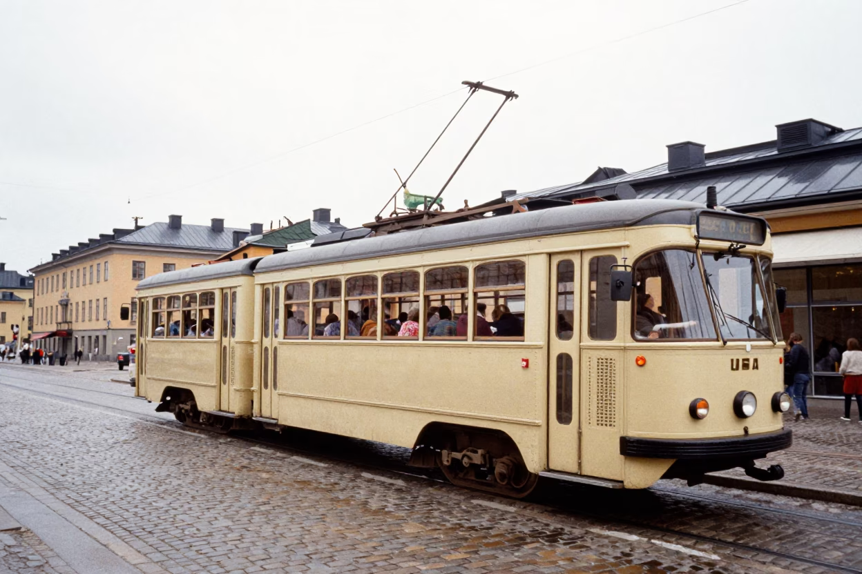 Vintage 1980s Stockholm Street Scene with Heritage Tram on Cobblestone Avenue in in Stockholm, Sweden
