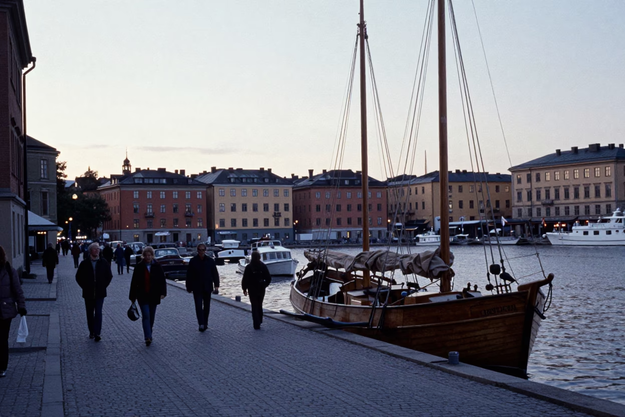 Vintage 1980s Stockholm street scene with wooden sailboat in boatyard before sunrise in in Stockholm, Sweden