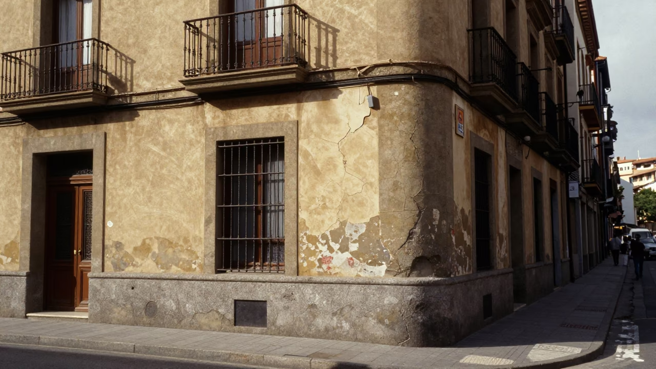 Vintage 1980s Street Scene in Bilbao Spain with Cracked Stucco and Rusty Countertop Details in in Bilbao, Spain