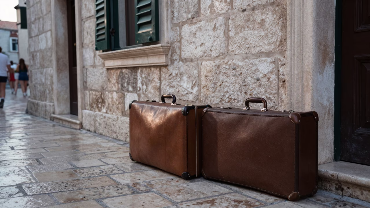 Vintage 1980s Street Scene in Dubrovnik Croatia with Suitcases and Latch in in Dubrovnik, Croatia