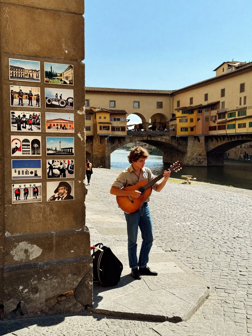 Vintage 1980s Street Scene in Florence Italy with Postcards and Mandolin in in Florence, Italy