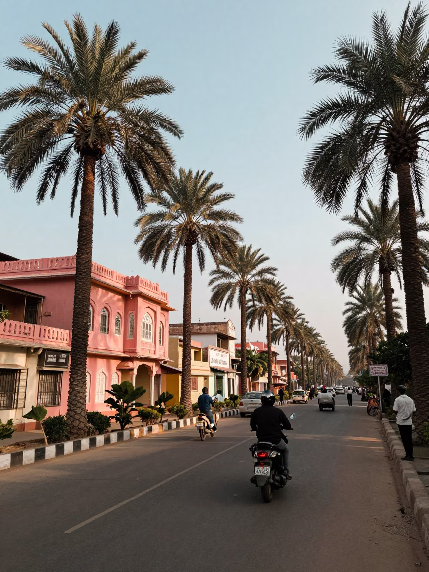 Vintage 1980s Street Scene in Jaipur India with Palm Avenue and Local Market Activity in in Jaipur, India