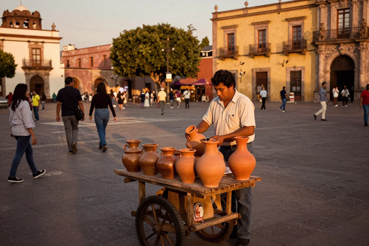 Vintage 1980s Street Scene in Mexico City Plaza with Clay Pot Vendor in in Mexico City, Mexico