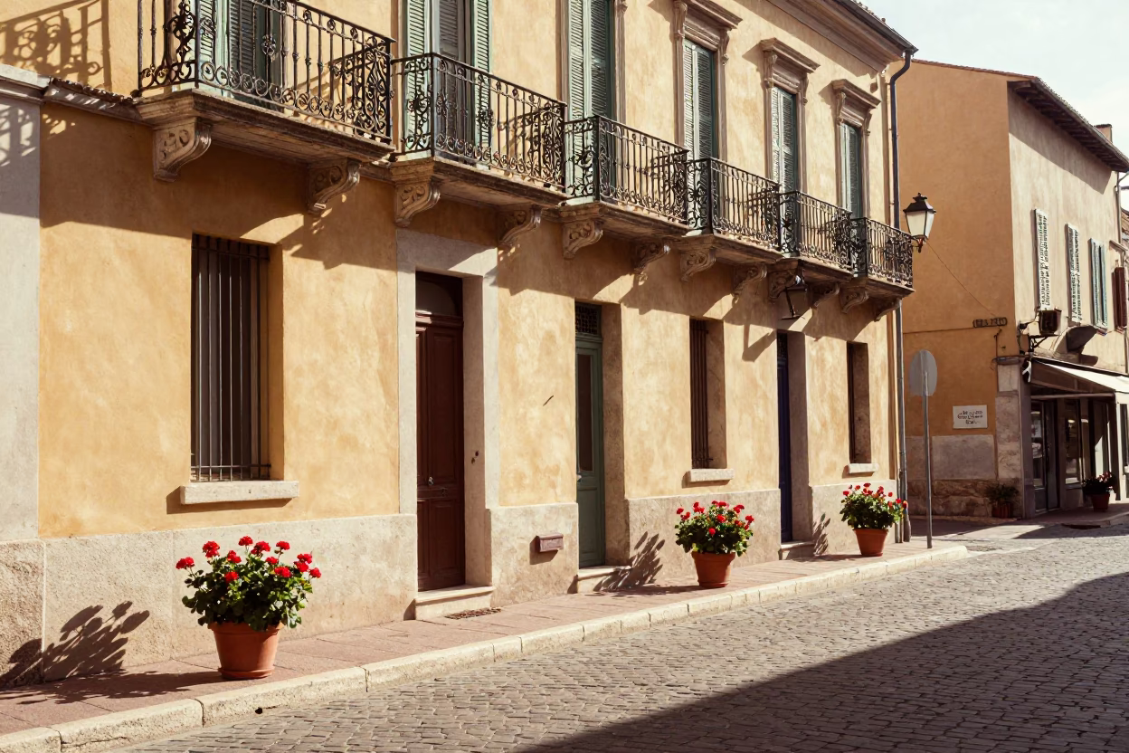 Vintage 1980s Street Scene in Nice France with Potted Geraniums and Iron Architecture in in Nice, France