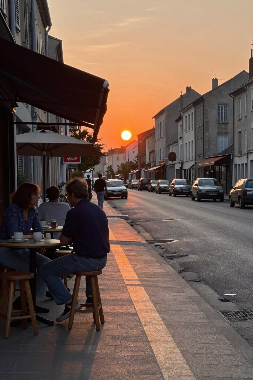 Vintage 1980s street scene in Nice France with sun stripe on stool leg in in Nice, France