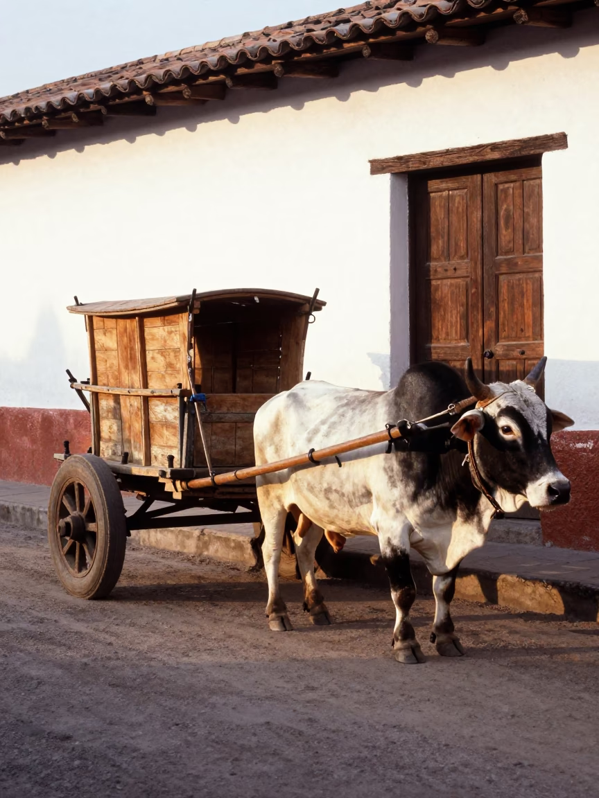 Vintage 1980s Street Scene in Quito Ecuador with Ox Cart and Colonial Architecture in in Quito, Ecuador