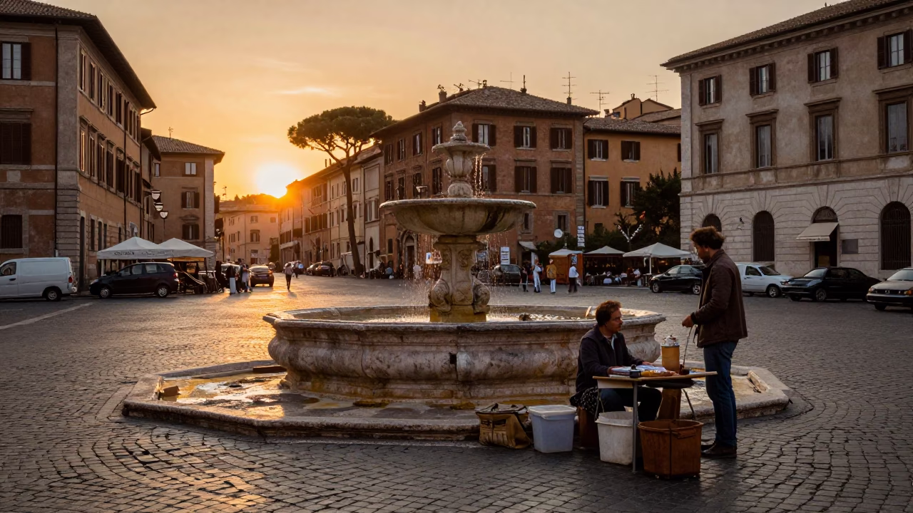 Vintage 1980s Street Scene in Rome Italy at Sunset with Local Life in in Rome, Italy