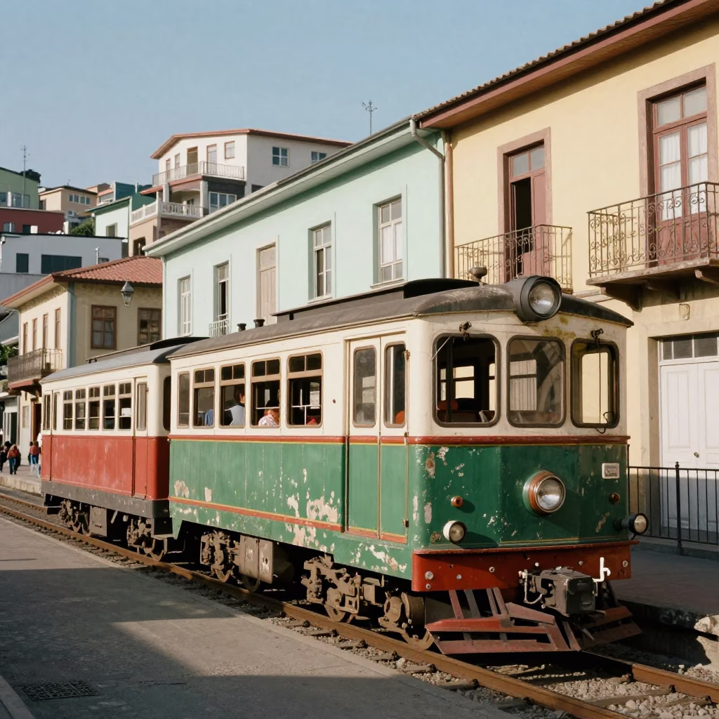 Vintage 1980s Street Scene in Valparaiso Chile Narrow Gauge Train and Lived-In Alleyway in in Valparaiso, Chile