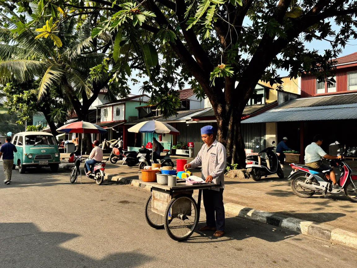 Vintage 1980s Surabaya Street Scene with Local Vendor and Shirt Hanger in in Surabaya, Indonesia