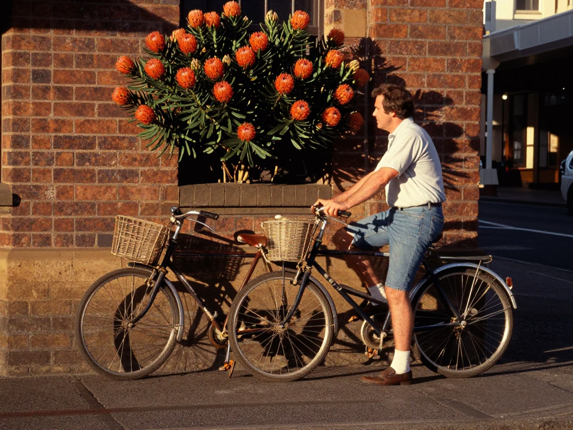 Vintage 1980s Sydney Street Scene with Bicycle and Protea Bush in in Sydney, New South Wales, Australia