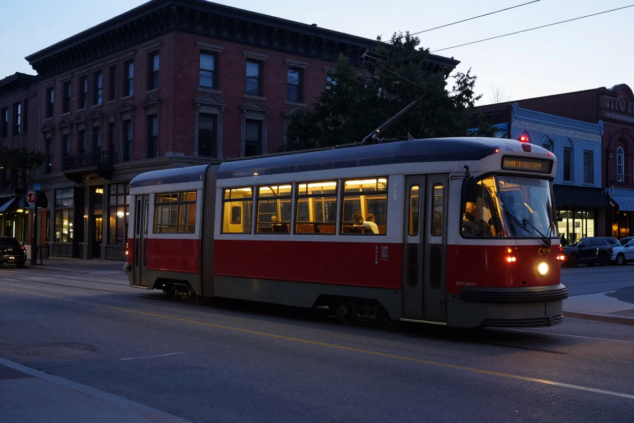 Vintage 1980s Toronto Street Scene Before Sunrise with Tram and City Lights in in Toronto, Ontario, Canada