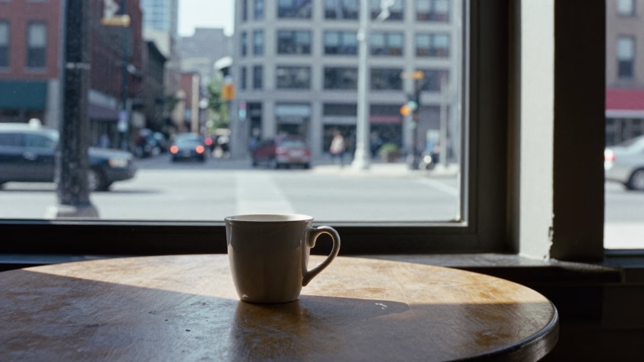 Vintage 1980s Toronto Street Scene with Ceramic Cup and Mechanical Pencil on Cafe Table in in Toronto, Ontario, Canada