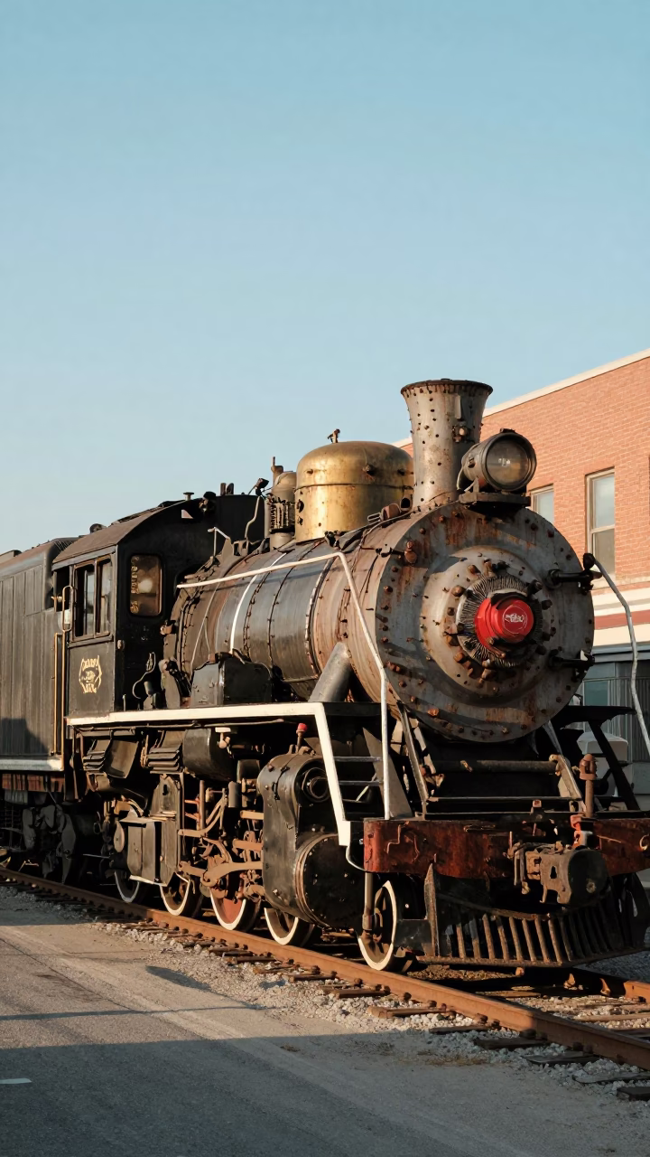 Vintage 1980s Toronto Street Scene with Heritage Steam Locomotive in Station Shed in in Toronto, Ontario, Canada