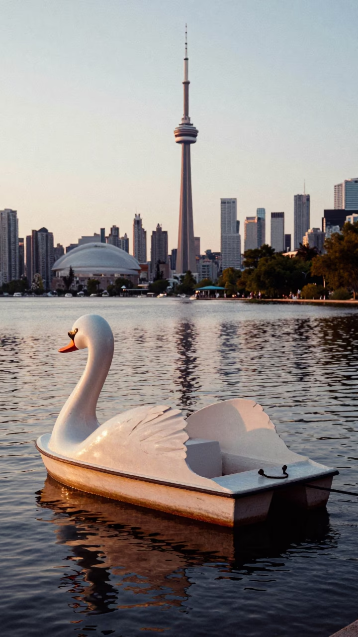 Vintage 1980s Toronto Sunset Scene with Pedal Boat and City Skyline in in Toronto, Ontario, Canada