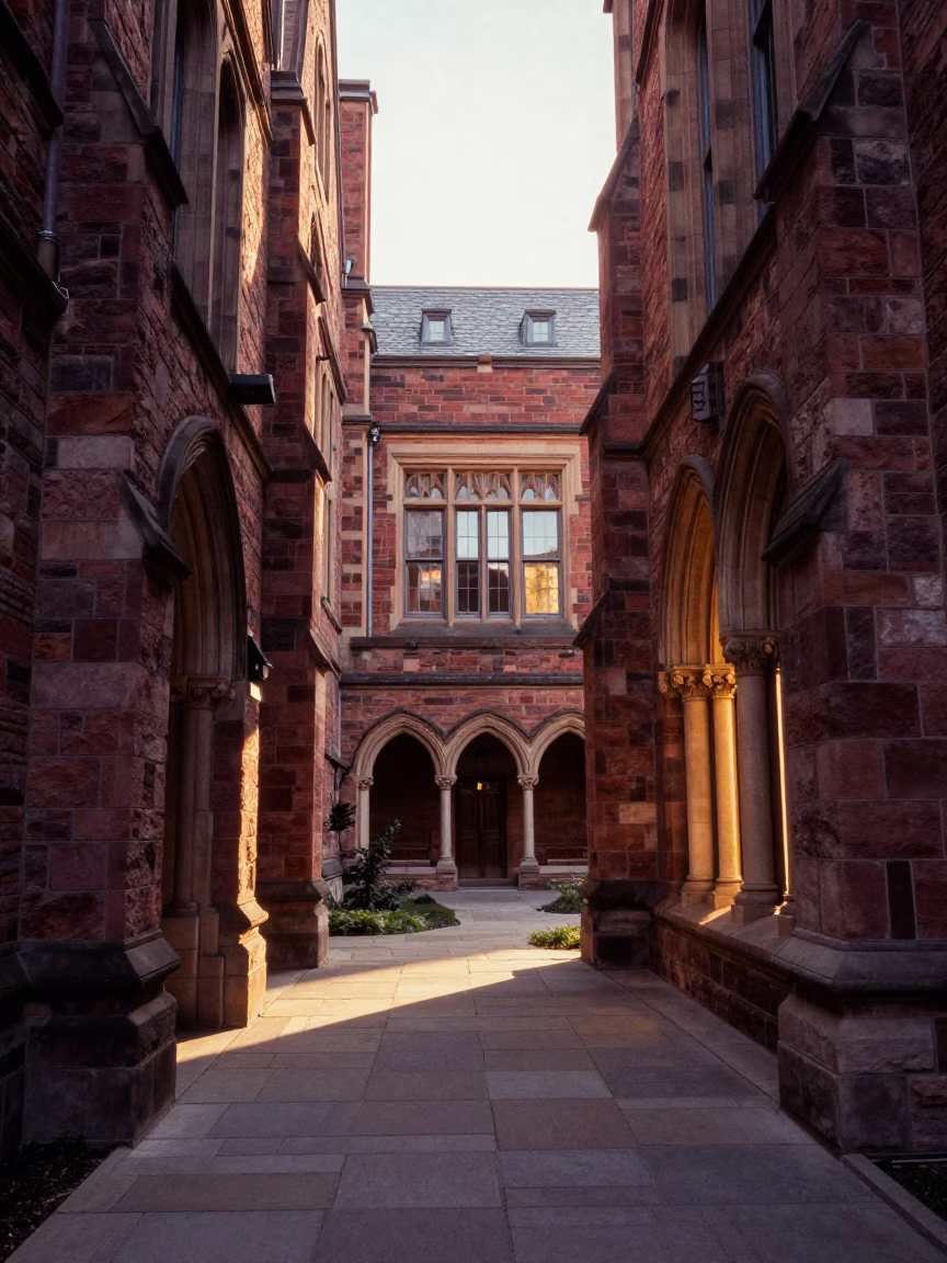 Vintage 1980s Toronto University Cloister Walkway Between Old Stone Buildings at Sunset in in Toronto, Ontario, Canada
