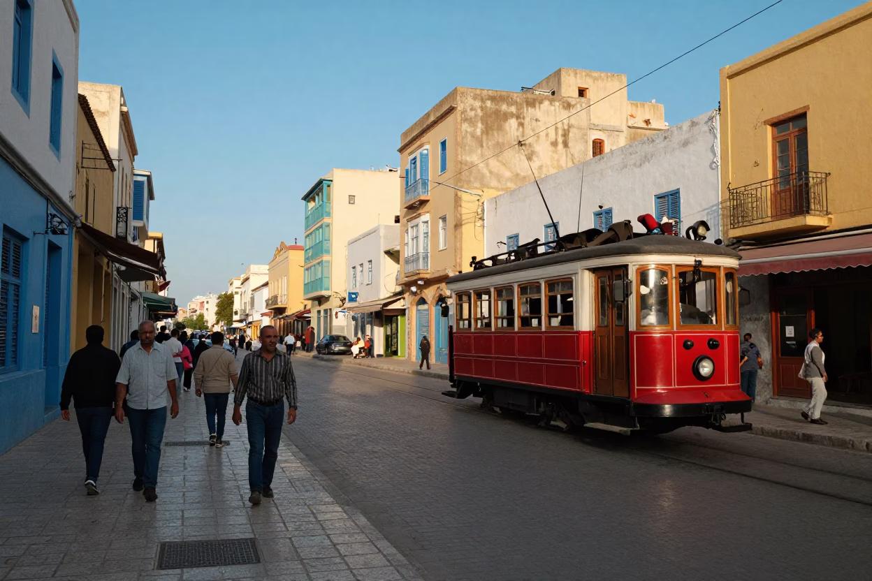 Vintage 1980s Tunis Street Scene with Heritage Tram and Colorful Urban Life in in Tunis, Tunisia