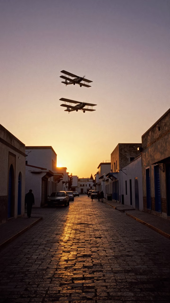 Vintage 1980s Tunis Sunset Street Scene with Biplane and Local Life in in Tunis, Tunisia