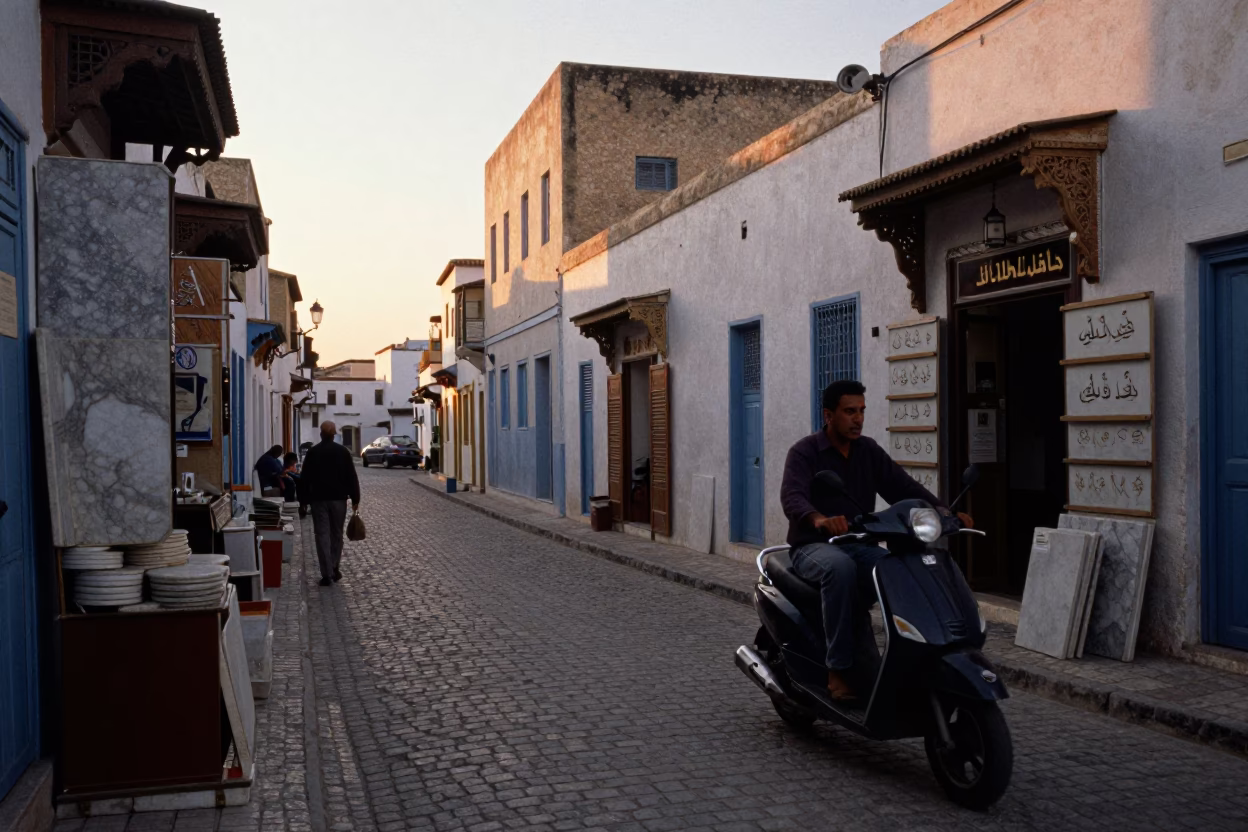 Vintage 1980s Tunisian Street Scene at Sunset with Scooter and Marble Shop in in Tunis, Tunisia