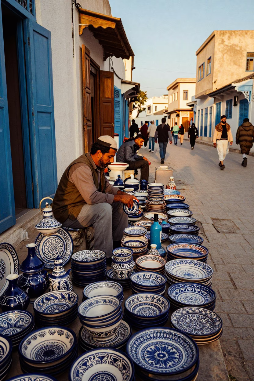 Vintage 1980s Tunisian Street Scene with Majolica and Wooden Crates in in Tunis, Tunisia