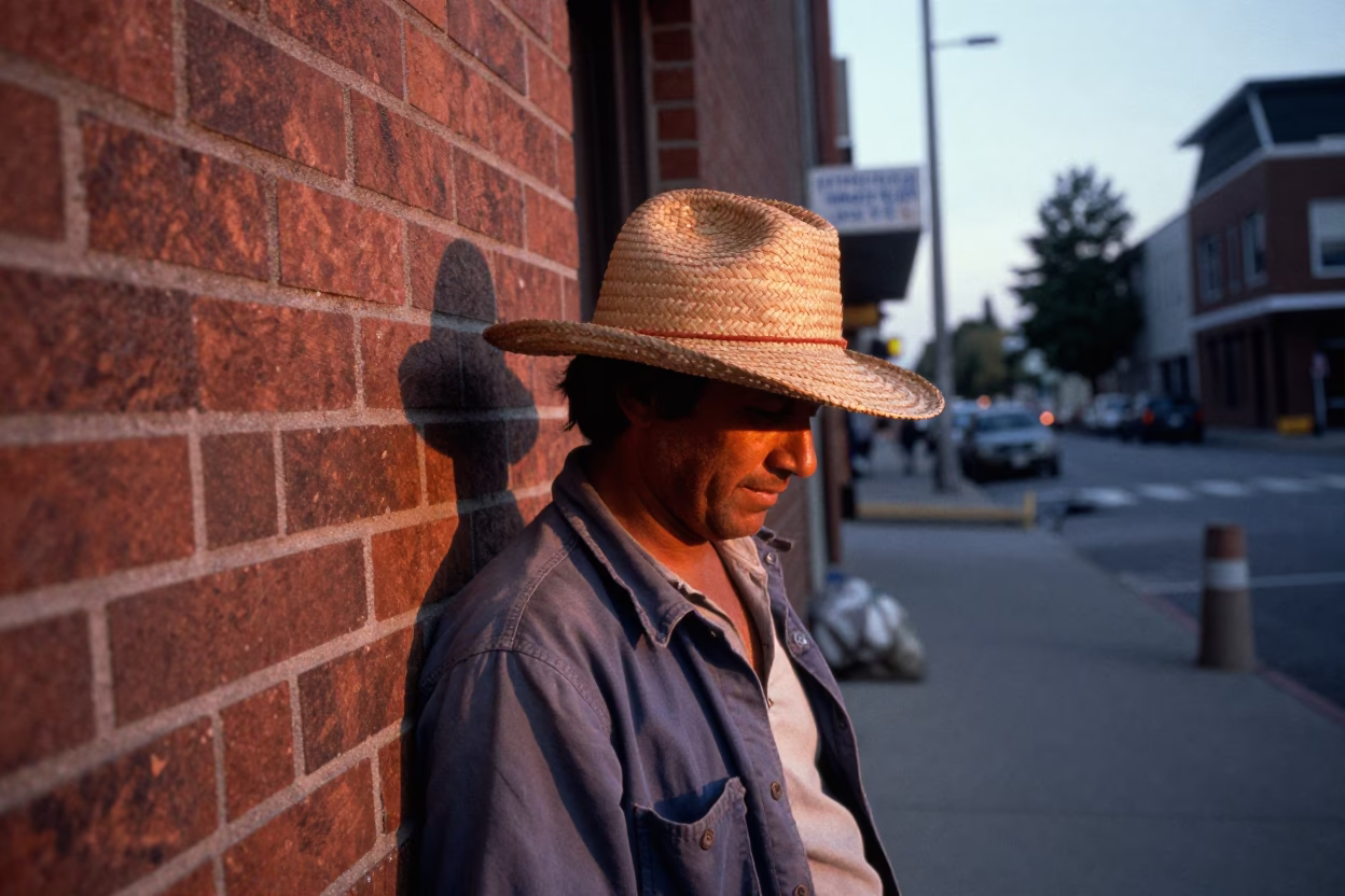 Vintage 1980s Vancouver Street Scene with Straw Hat and Hacksaw in Copper Dusk Light in in Vancouver, British Columbia, Canada