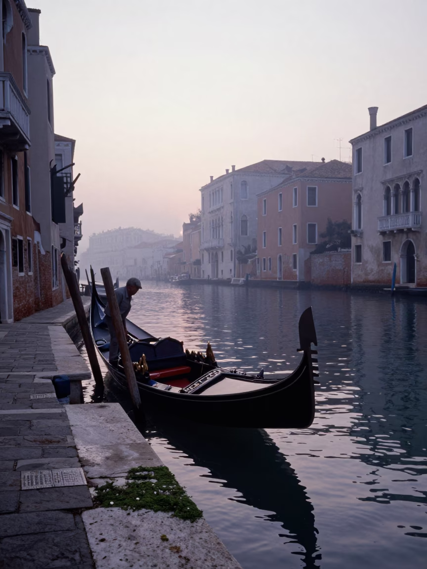 Vintage 1980s Venice Sunrise Canal Scene with Local Interaction in in Venice, Italy