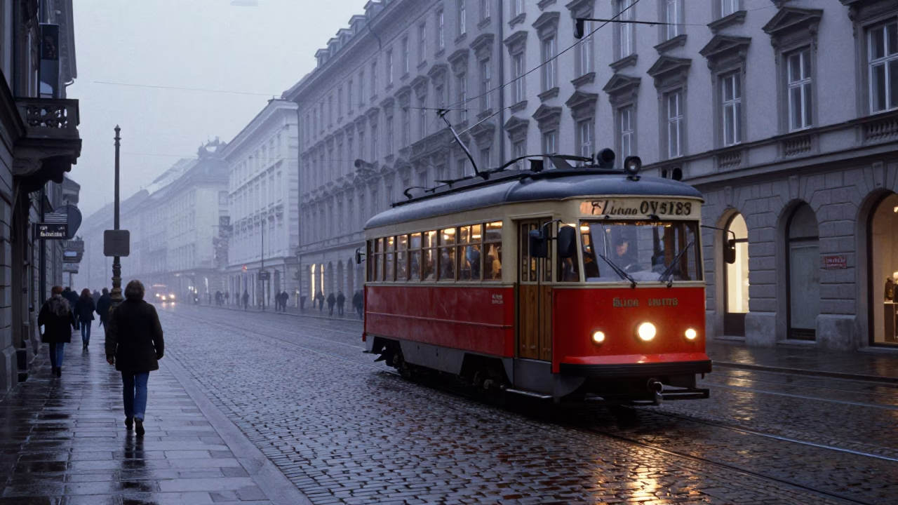 Vintage 1980s Vienna Nautical Dawn Street Scene with Heritage Tram and Cobblestones in in Vienna, Austria