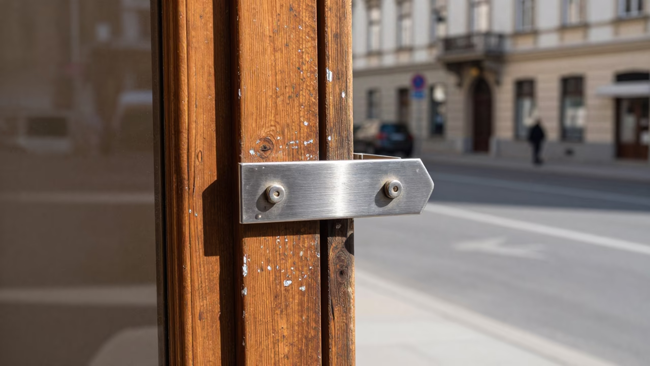 Vintage 1980s Vienna Street Scene with Brushed Steel Runner and Scuffed Wood Detail in in Vienna, Austria