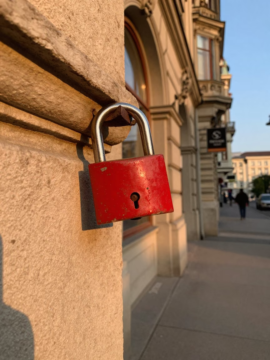 Vintage 1980s Vienna Street Scene with Red Padlock and Stone Architecture in in Vienna, Austria