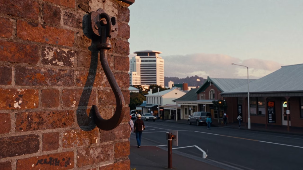 Vintage 1980s Wellington Street Scene with Iron Hook and Glass Tray Detail in in Wellington, New Zealand