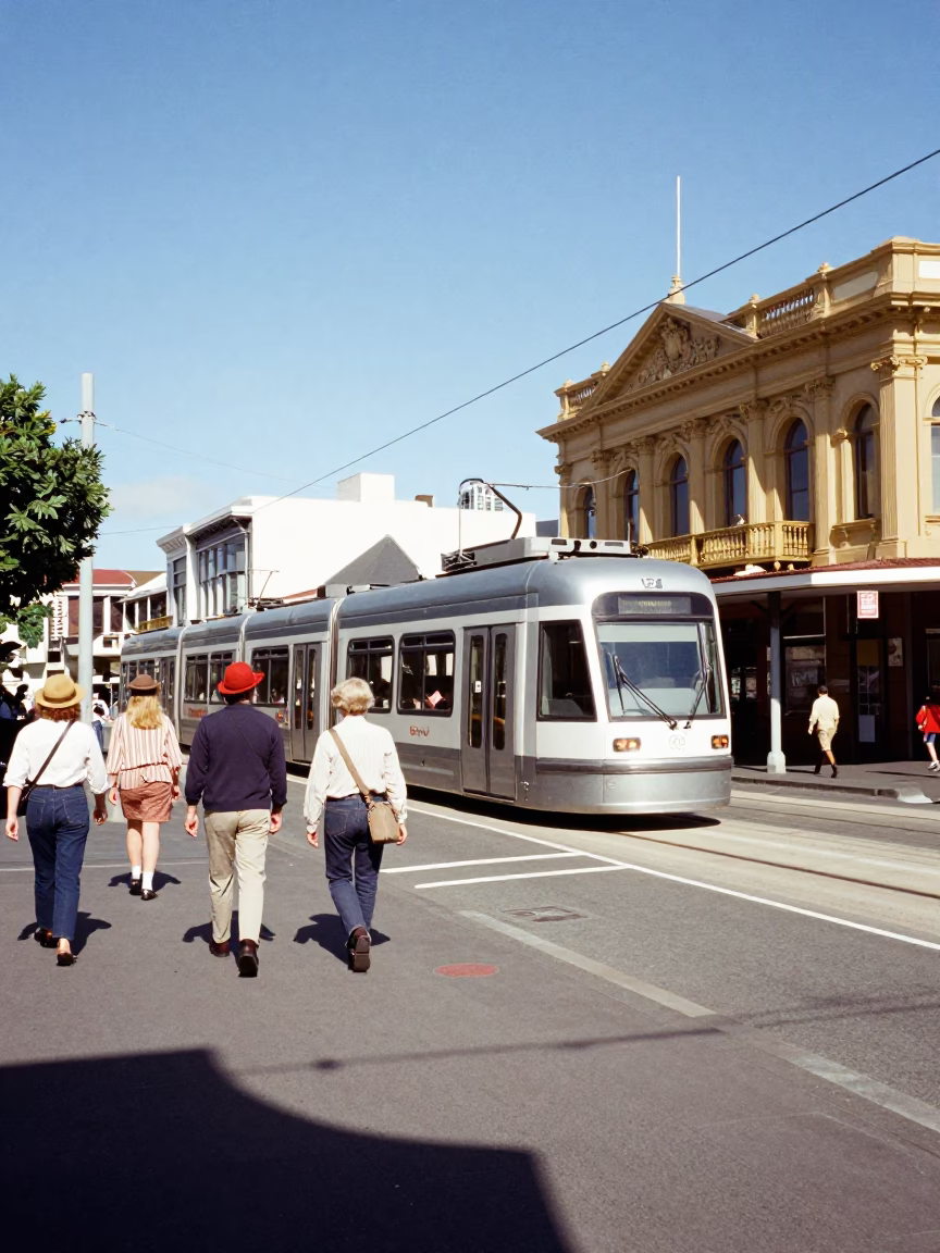 Vintage 1980s Wellington Street Scene with Monorail and Urban Architecture in in Wellington, New Zealand