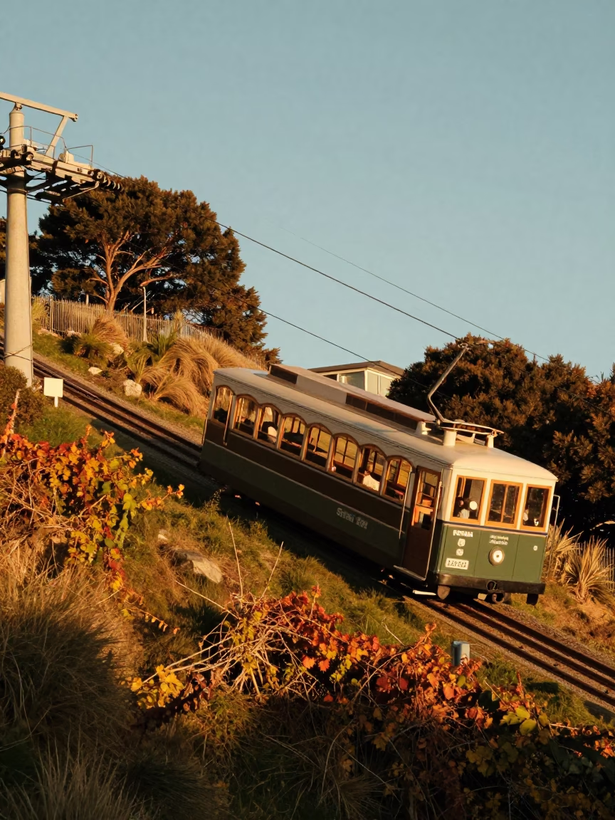Vintage 1980s Wellington Sunset Funicular Ride with Autumn Vines and City Views in in Wellington, New Zealand