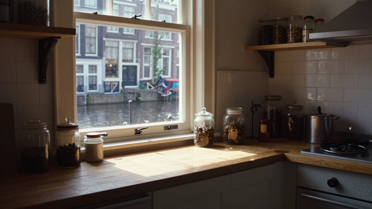 Vintage 1990s Amsterdam Kitchen Scene with Apthecary Jars and Floral Cotton Fabric in in Amsterdam, Netherlands