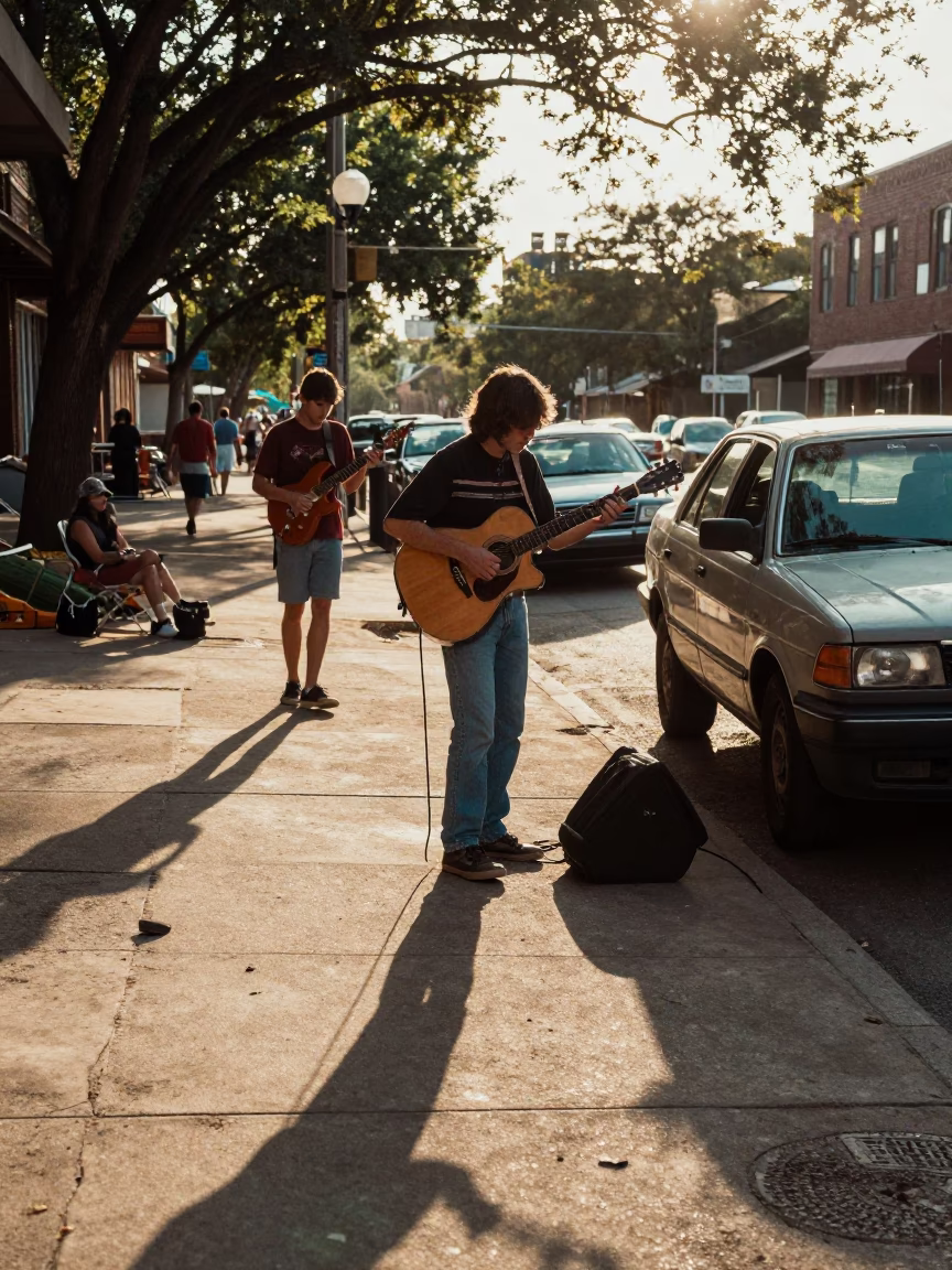 Vintage 1990s Austin Texas Late Afternoon Street Scene with Guitar and Local Culture in in Austin, Texas, United States