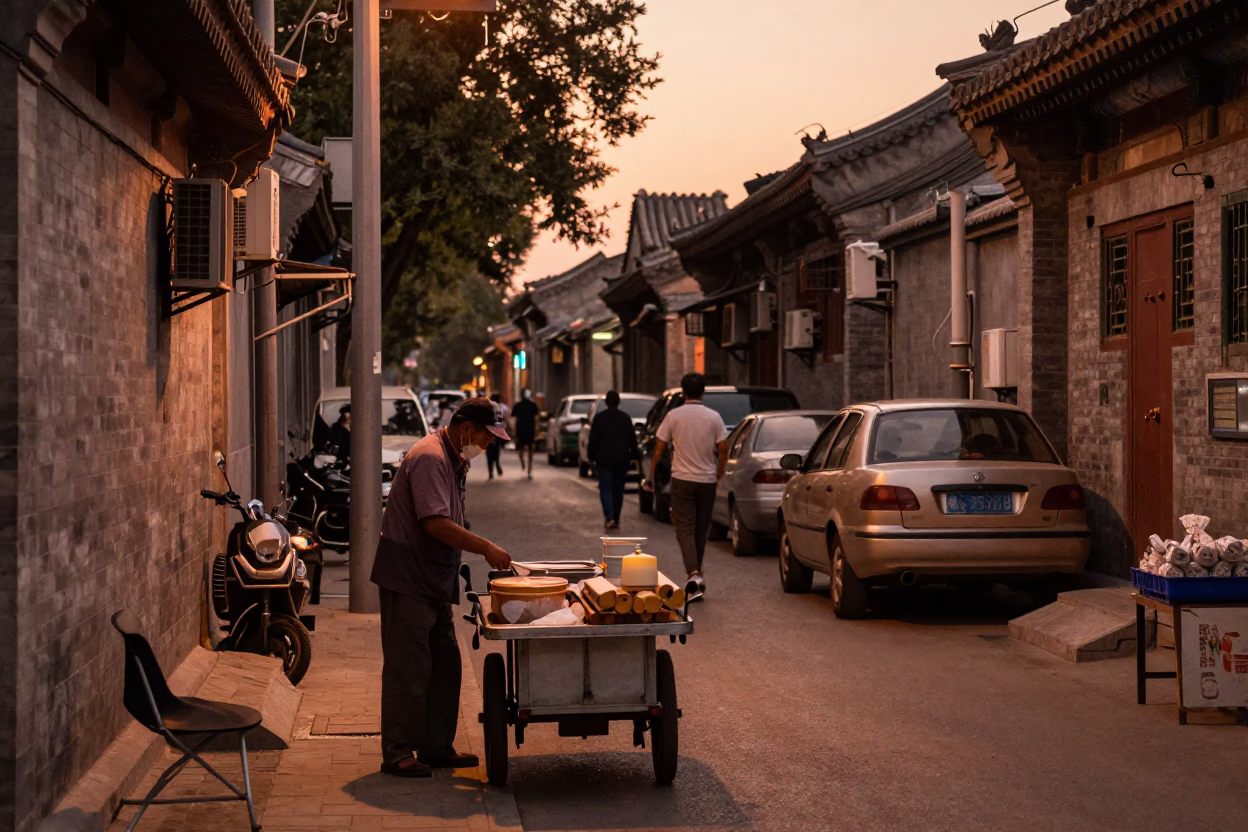 Vintage 1990s Beijing Street Scene with Copper Dusk Light and Local Market Details in in Beijing, China