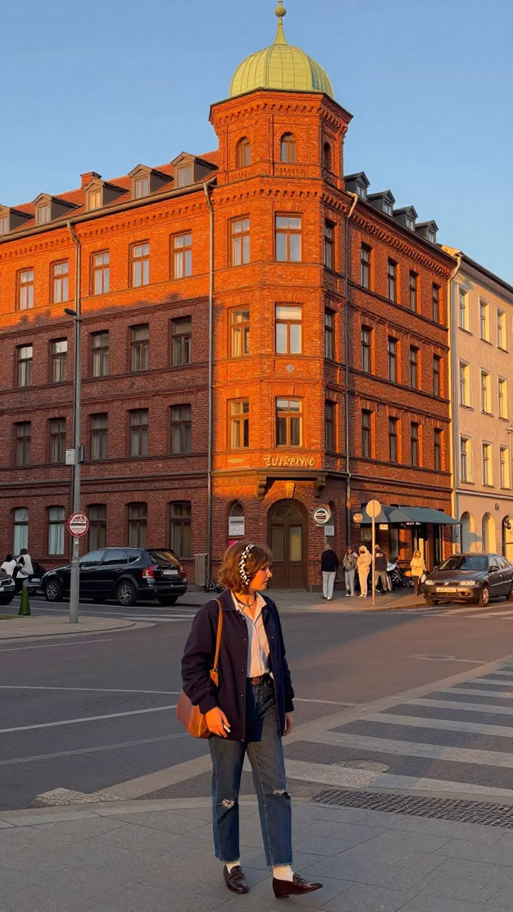 Vintage 1990s Berlin Sunset Street Scene with Brooch and Urban Details in in Berlin, Germany