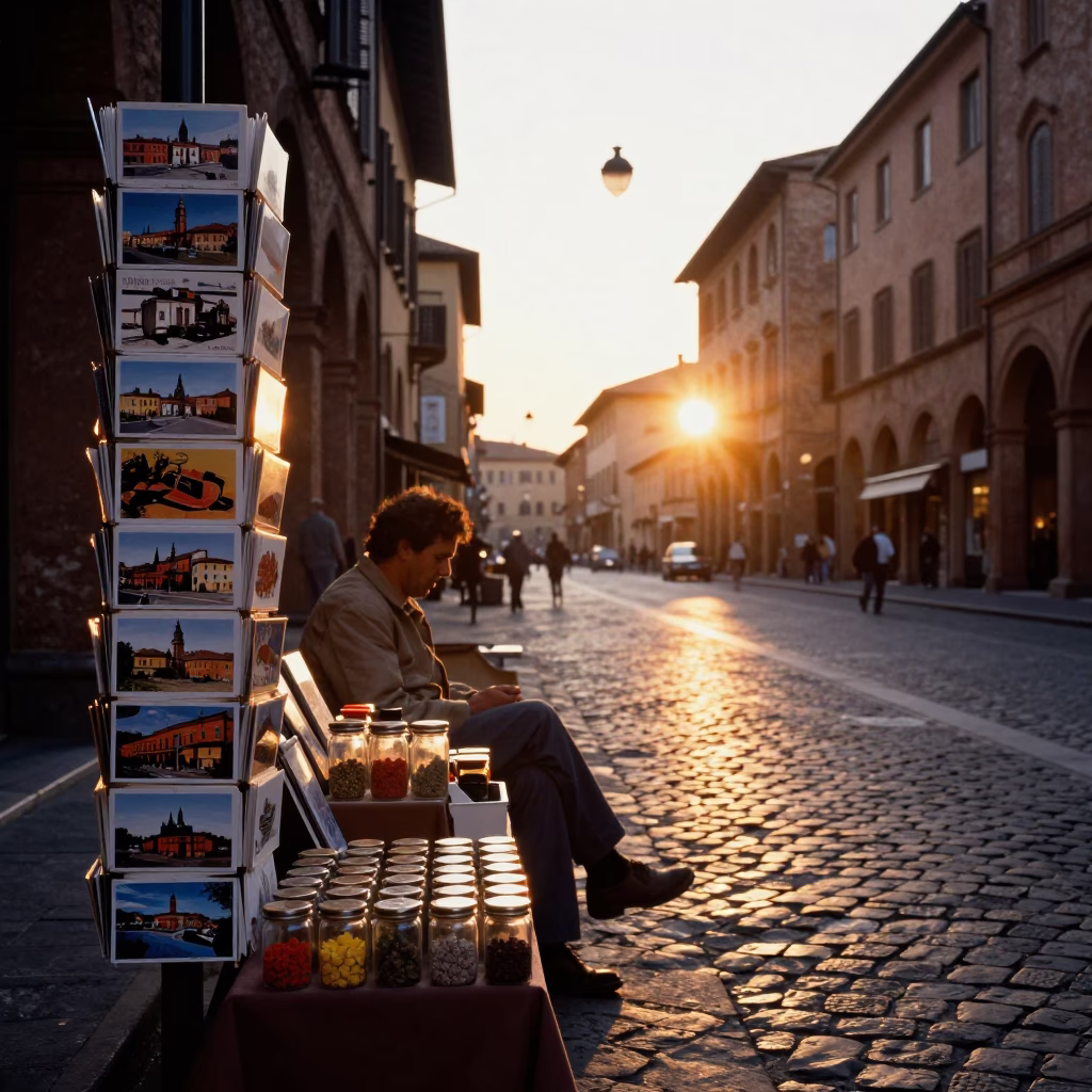 Vintage 1990s Bologna Street Scene Sunset with Postcards and Spice Jars in in Bologna, Italy