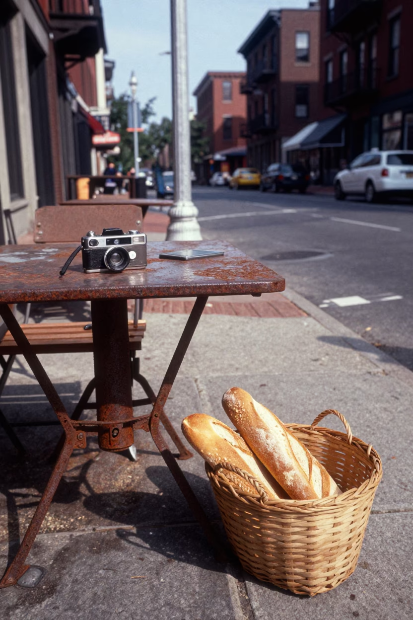 Vintage 1990s Boston Street Scene with Rusty Tabletop and Woven Bread Basket in in Boston, Massachusetts, United States
