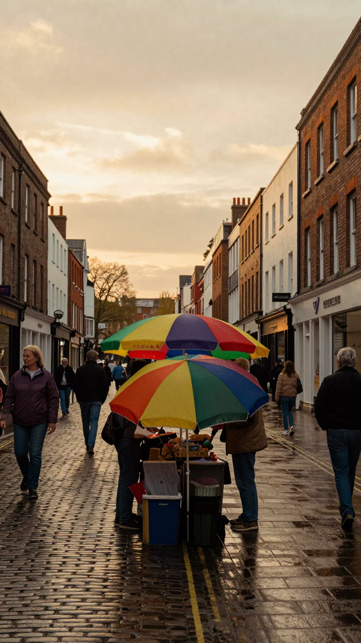 Vintage 1990s Bristol Evening Street Scene with Colorful Umbrellas and Urban Architecture in in Bristol, United Kingdom