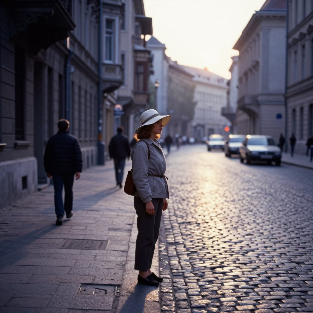Vintage 1990s Budapest Dawn Street Scene with Woman in Sun Hat in in Budapest, Hungary