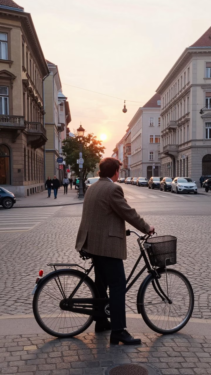 Vintage 1990s Budapest Street Scene with Bicycle Basket and Morning Light in in Budapest, Hungary