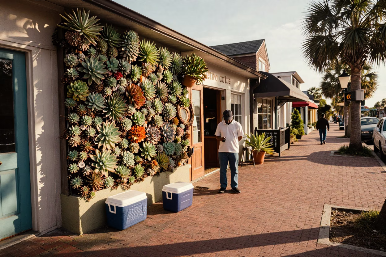 Vintage 1990s Charleston Street Scene with Succulents and Cooler at Sunset in in Charleston, South Carolina, United States