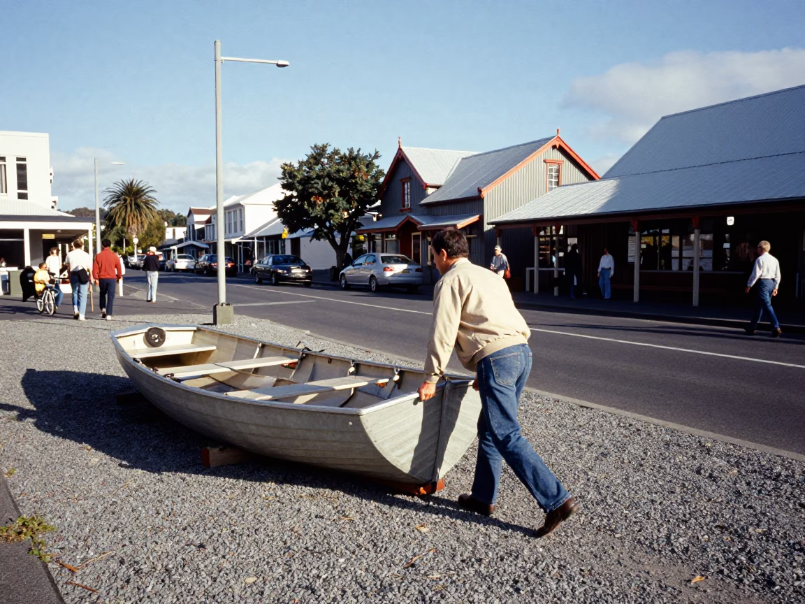 Vintage 1990s Christchurch Street Scene with Rowing Boat and Local Life in in Christchurch, New Zealand