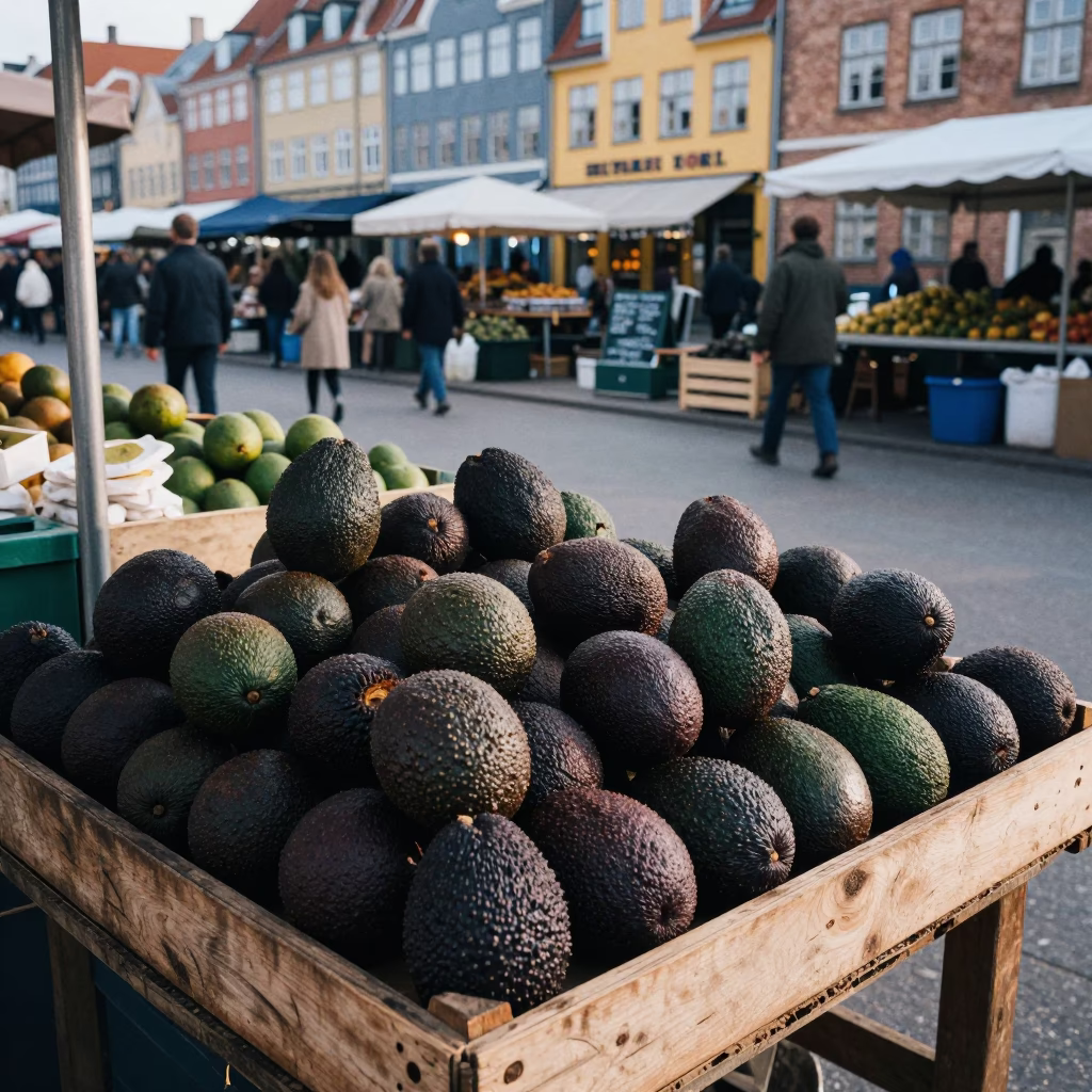 Vintage 1990s Copenhagen Morning Market Stall with Avocados and Address Book in in Copenhagen, Denmark