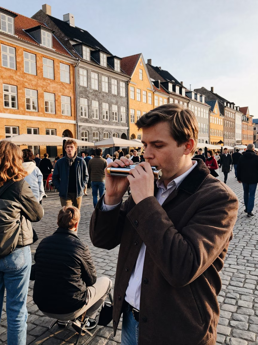 Vintage 1990s Copenhagen street scene with tourist playing harmonica near Nyhavn canal in in Copenhagen, Denmark