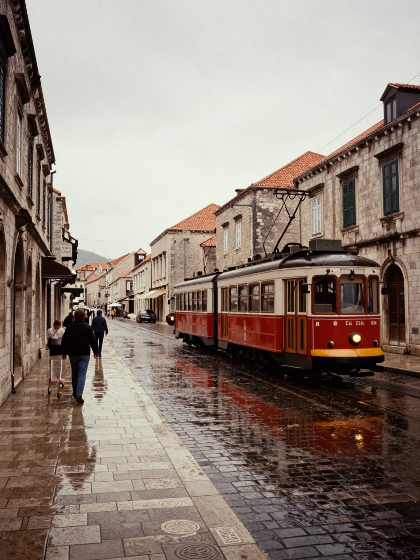 Vintage 1990s Dubrovnik Street Scene with Tram Reflections and Rain on Cobblestones in in Dubrovnik, Croatia