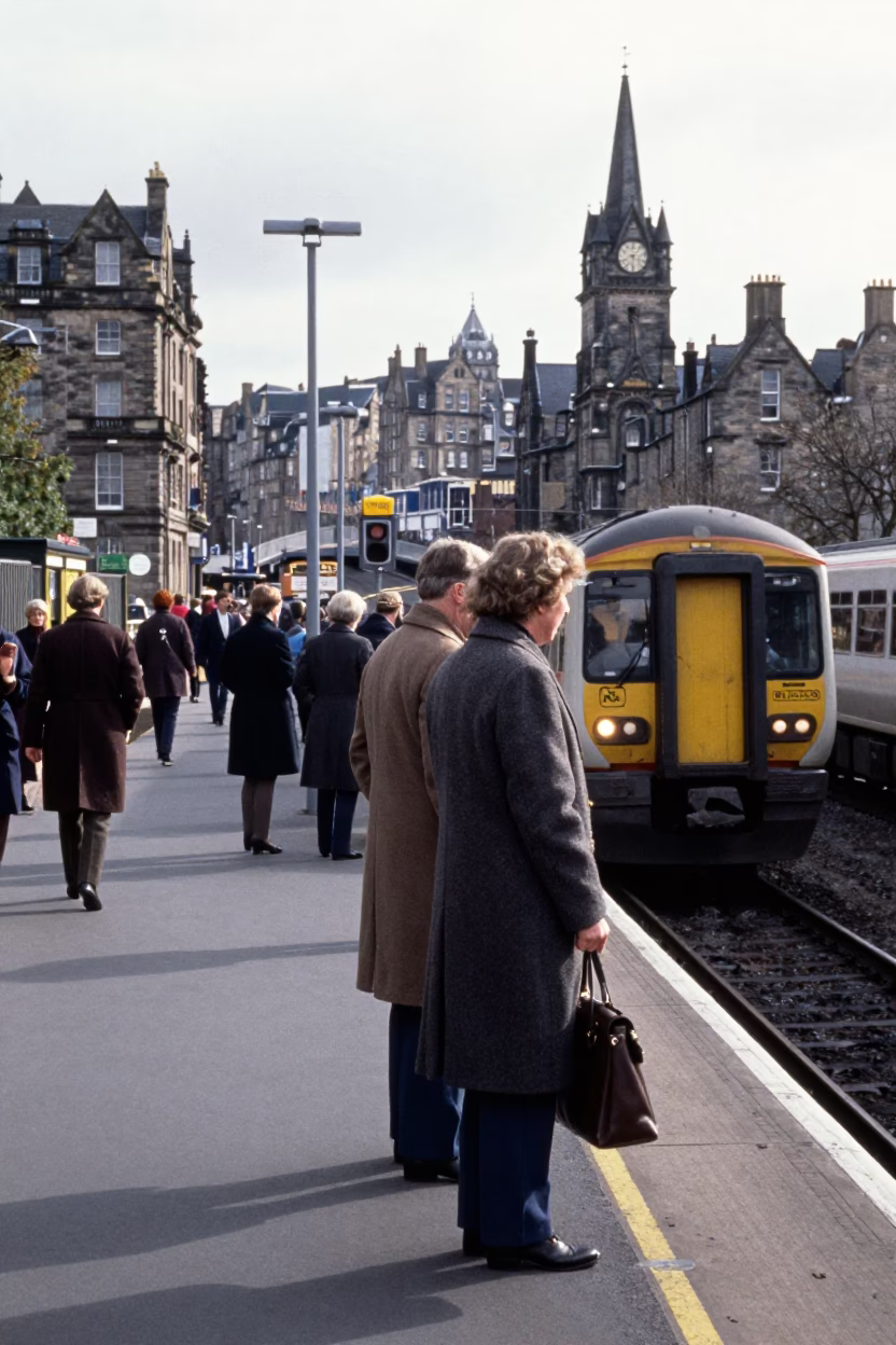 Vintage 1990s Edinburgh Street Scene with Commuter Train and Morning Light in in Edinburgh, United Kingdom
