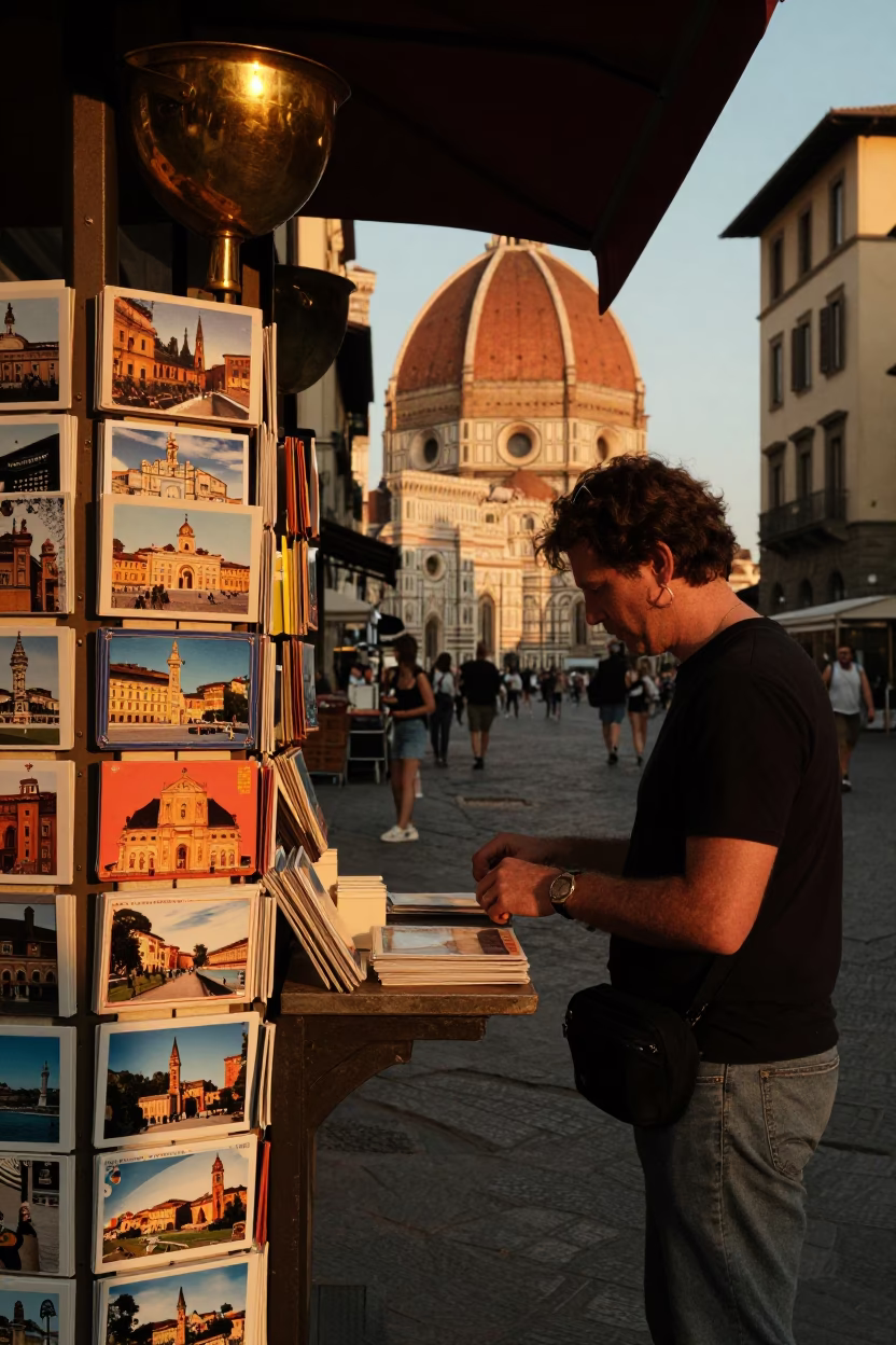 Vintage 1990s Florence Sunset Street Scene with Postcards and Brass Accents in in Florence, Italy