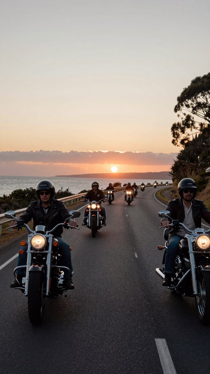 Vintage 1990s Hobart Tasmania Sunset Motorcycle Convoy Coastal Highway Ride in in Hobart, Tasmania, Australia