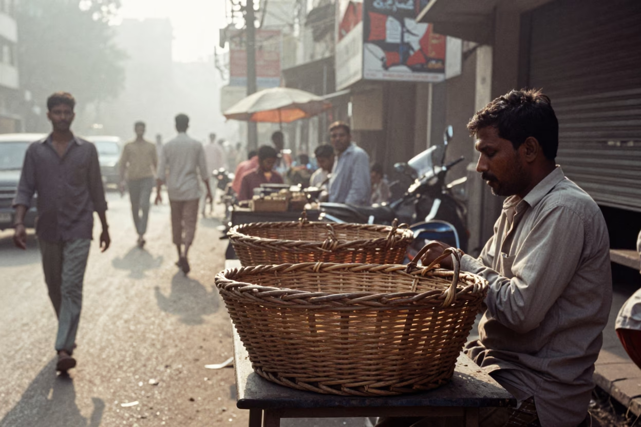 Vintage 1990s Kolkata Morning Street Scene with Wicker Basket and Amaryllis Blooms in in Kolkata, India